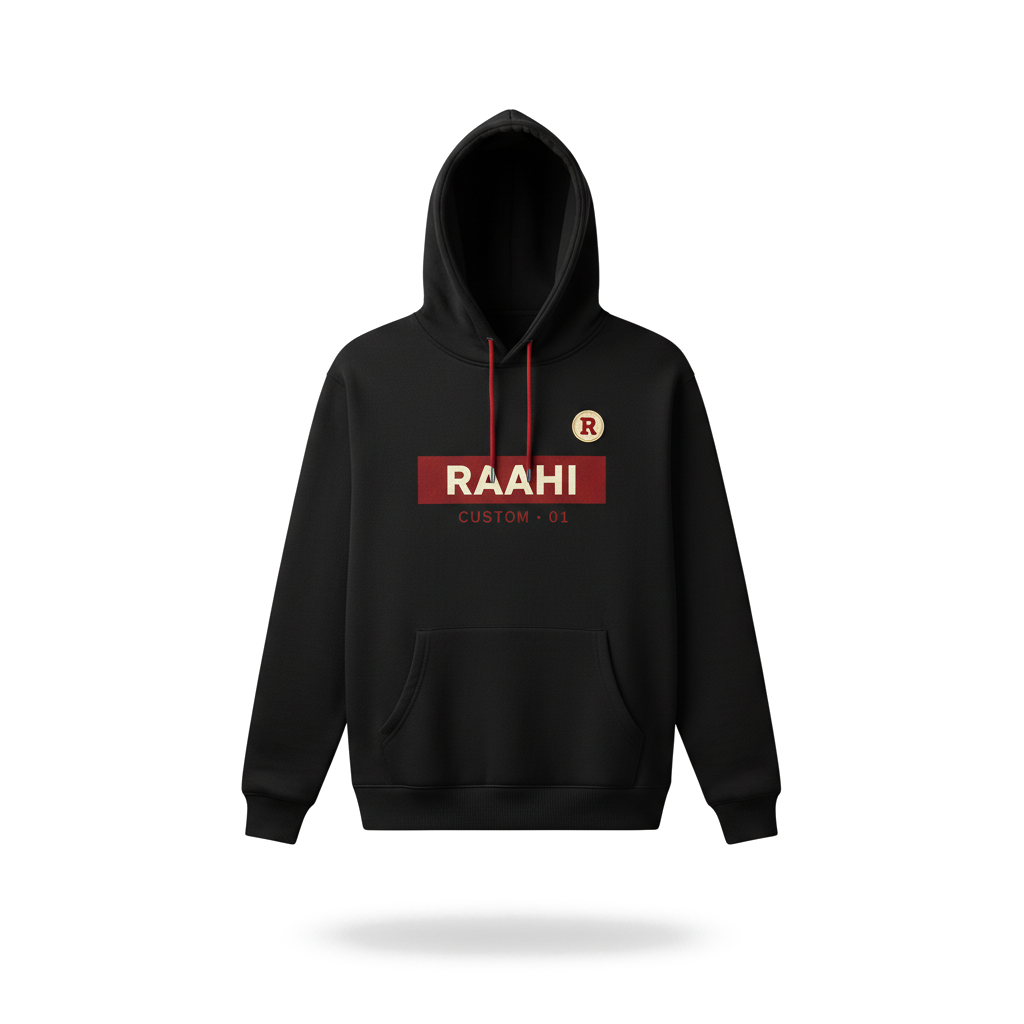 Raahi custom hoodie with design applied